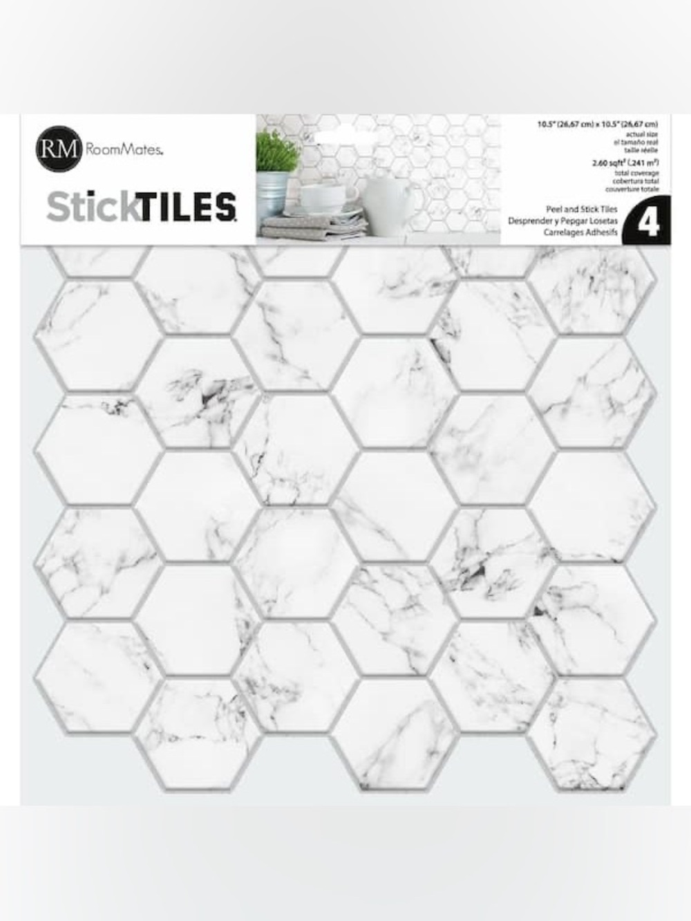7 Packs of Roommates White Marble Hexagon Peel & Stick Backsplash Tiles